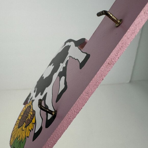 Vtg Thin Wood Cow Sunflower Pink Purple Wall Key Holder Lightweight Hooks READ - Picture 12 of 12